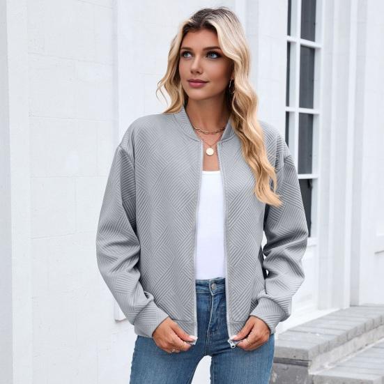 Women Coat Stand Collar Long Sleeve Zipper Closure Baseball Jacket with