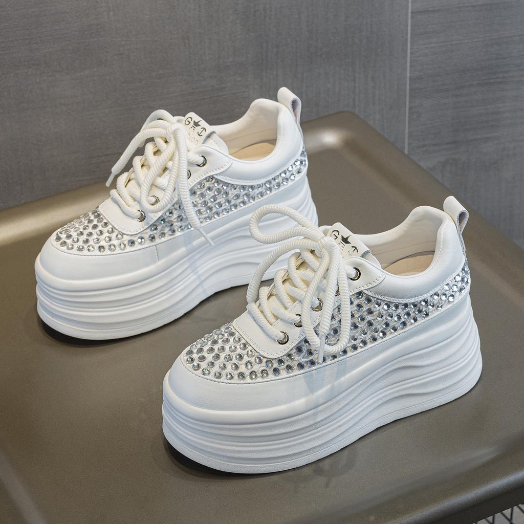 Leather black sneakers women's autumn new fashion rhinestone thick sole inner height increase small casual shoes