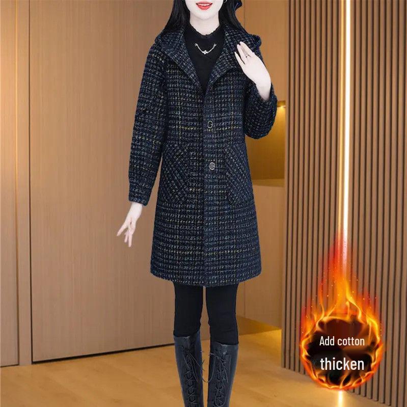 

Mid-Length Plaid Wool Coat - Plus Size, Cotton-Padded, Autumn/Winter, Loose Fit, Slimming Fashion for Women 4XL [150-165 kg]