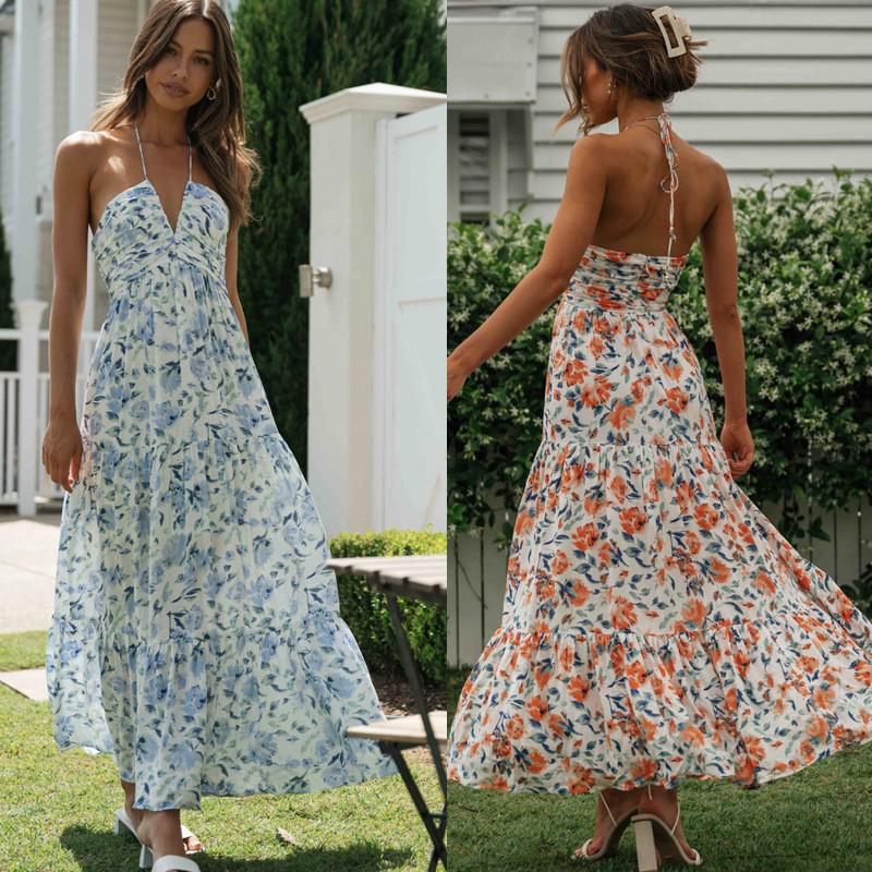 

2024 Women s V-neck Print Sleeveless Tie-up Maxi Dress 2XL