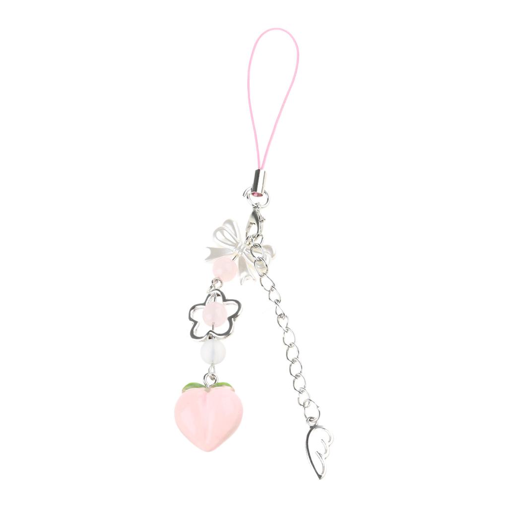 Cute Peach Phone Charm Stylish Keychain Pendant Bowknot Flower Beaded Keyring Personalized Accessory for Women and Girls