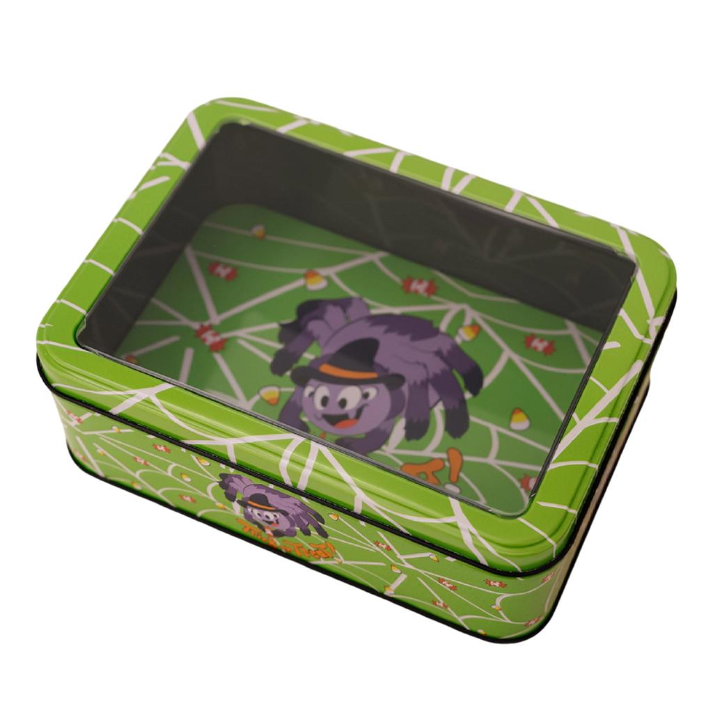 Rectangular Metal Tin Box with Transparent Lid for Candy Cookie Storage and Holiday Decorative Use Halloween Theme Design