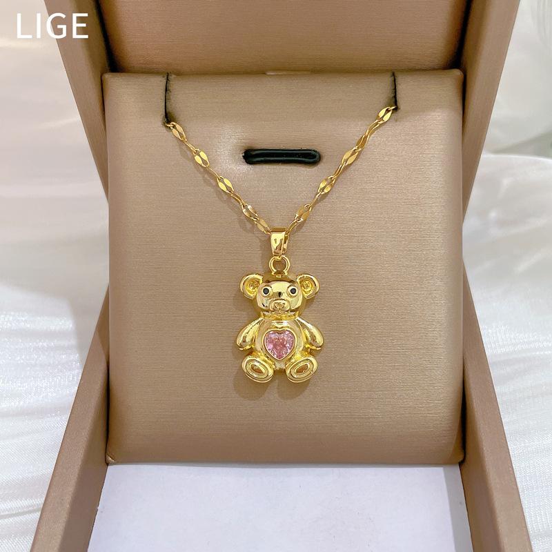 Rosa Dreidimensionaler Bär Leichter Luxus Temperament Wunderschöne Voll-Diamant-Halskette Damen Vielseitige Schlüsselbein-Kette Titanstahl-Kette