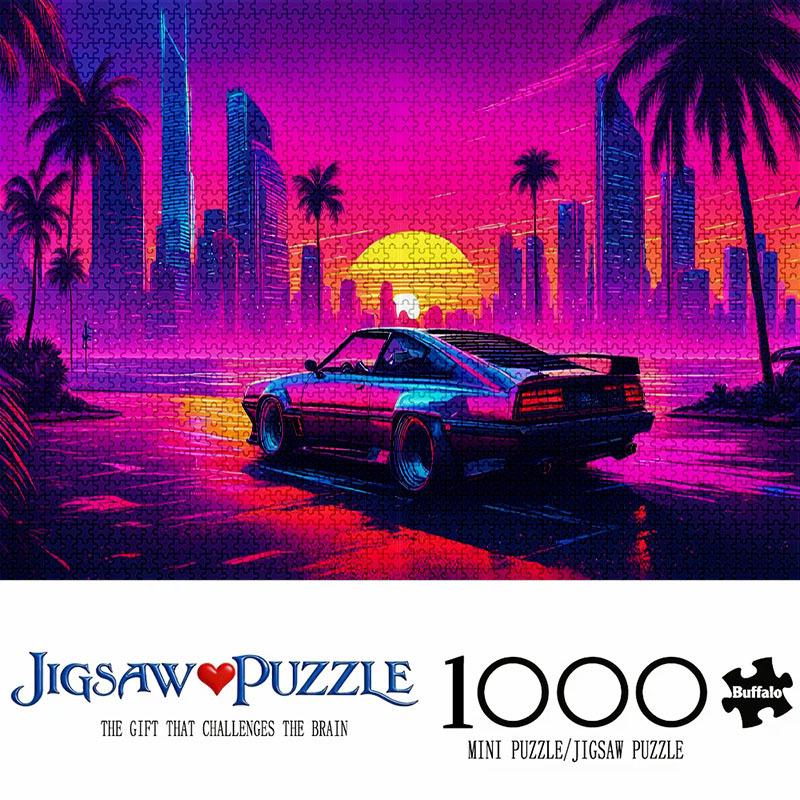 1000pcs Mini Jigsaw Puzzle Sports Car Neon Sunset Cityscape, Home Decoration, Suitable for Living Room Wall Art and Office Space, Holiday Gift | Port