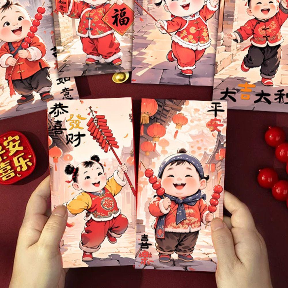 6pcs Cartoon New Year Red Envelopes Traditional Gifts Packing Bags Celebration Party