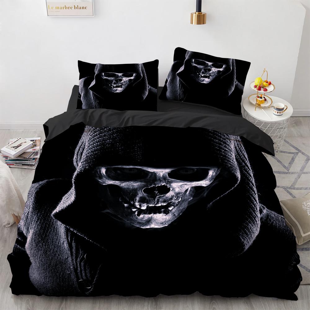 Černý klobouk Lebka Ložní souprava Velikost Queen Halloweenské sady povlečení Moderní styl Ložnicová ložní souprava Povlak na přikrývku Povlaky na polštáře