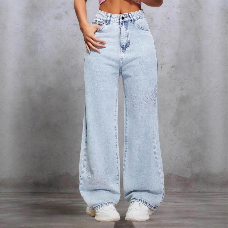 

Women s Clothing American Retro Washed Old Hot Drilling Jeans Loose Slimming High-waist Floor Trousers XL светло-синий