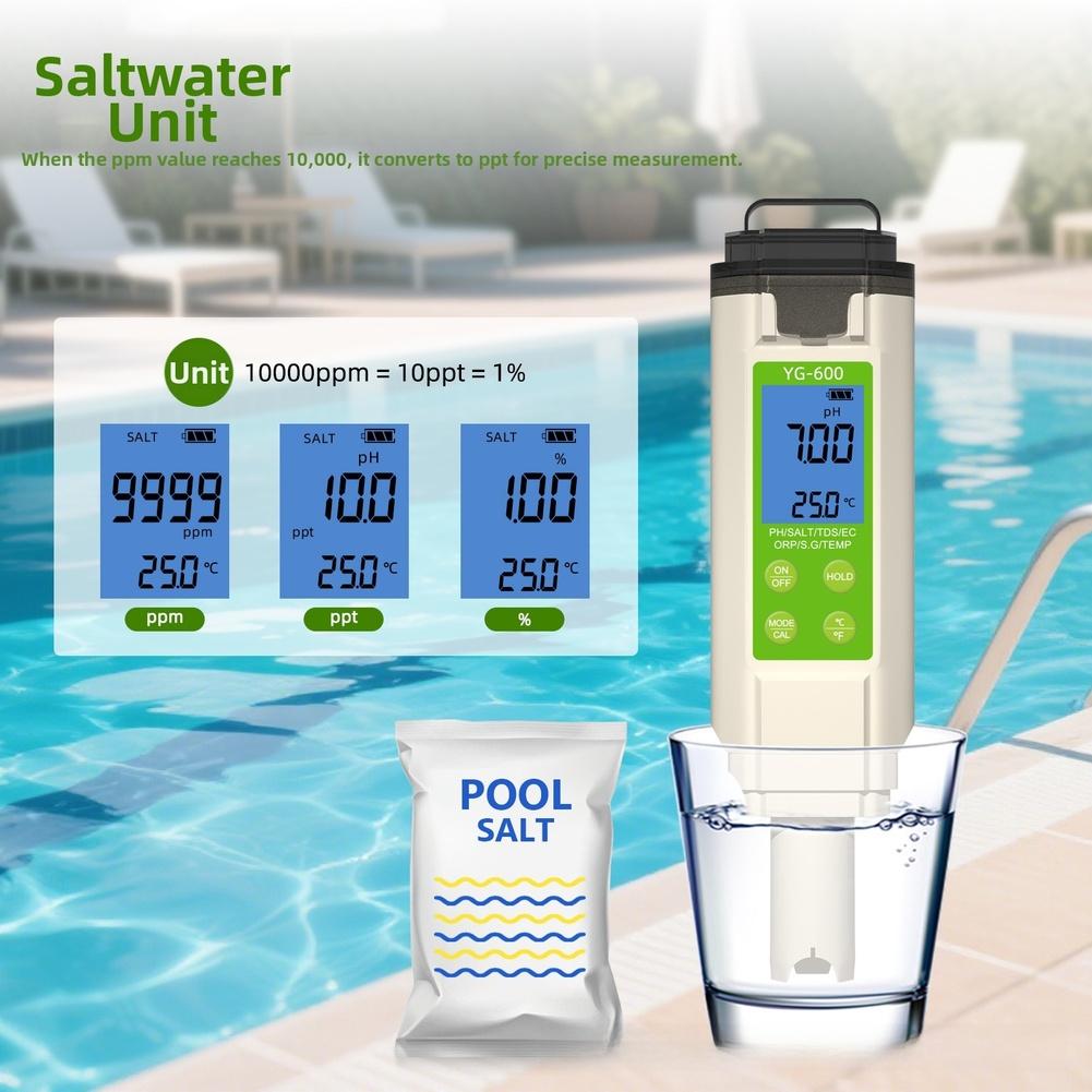 

7 in 1 Water Testing Meter for Pool Aquarium Hydroponics pH ORP Spific Gravity Salt and Temperature Monitoring Display China Mainland
