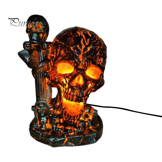 Resin Skull Figurine Table Lamp, Halloween Glowing Skeleton Figurine, Gothic Ambient Lamp Night Light for Mantel Shelf Party Home Decor Goth Chic Room