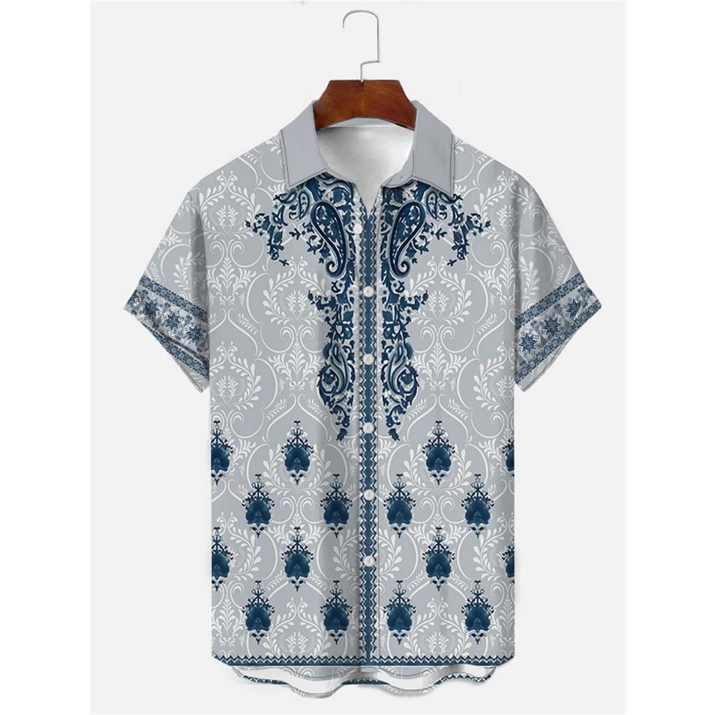Men's Shirt Art Pattern Print Casual Shirt Short Sleeve Oversized Top Summer Vintage Flower Pattern Beach Y2k Fashion Clothing