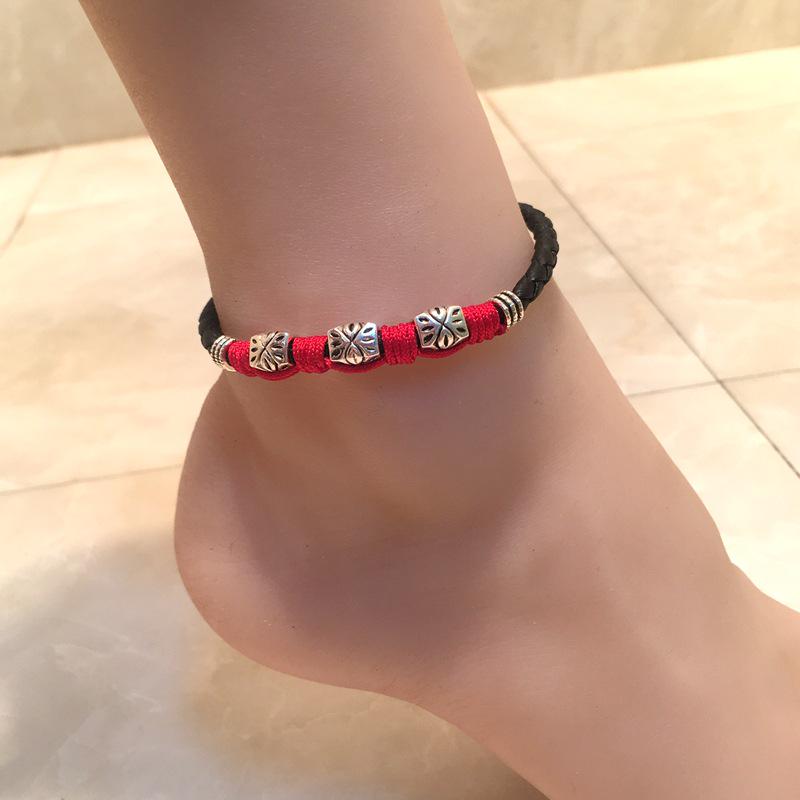 2024 Korean Style Casual Leather Rope Anklets for Couples - Handmade Foot Jewelry for Men & Women