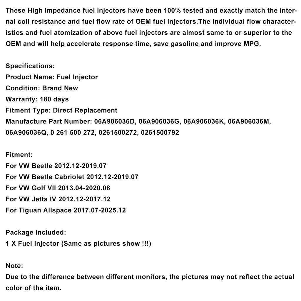 1PCS Fuel Injector 0261500792 Fit VW Beetle Golf Jetta Tiguan 2.0L 06A906036Q