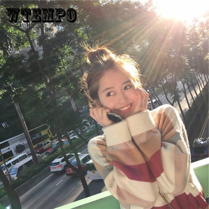 

Pofulove свободный пуловер свитер женский осень зима милый цветной полосатый вязаный свитер студент