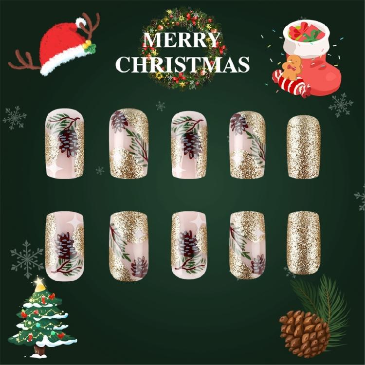 Leaves Press On Nail Short Square Artificial Nail Glittering Full Cover Stick on Nail Christmas False Nail for Woman