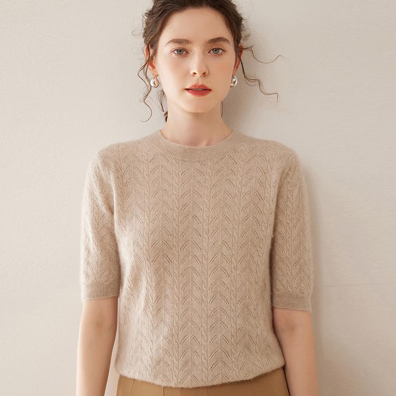 2024 Early Autumn/Winter Women's Cashmere Short Sleeve Hollow Cable Knit Sweater