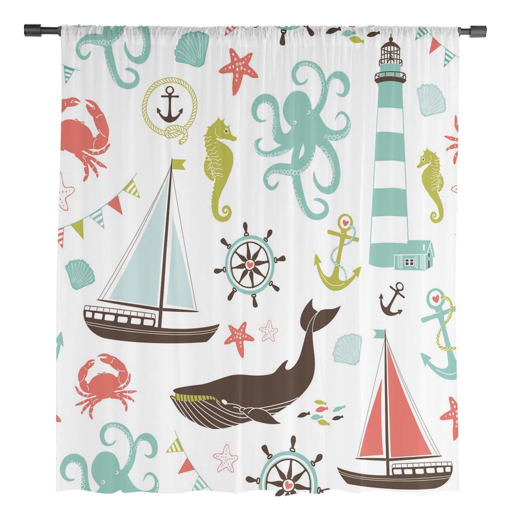 Whale Sailing Octopus Seahorse Lighthouse Chiffon Sheer Curtains for Living Room Bedroom Decor Window Voile Tulle Curtain Drapes