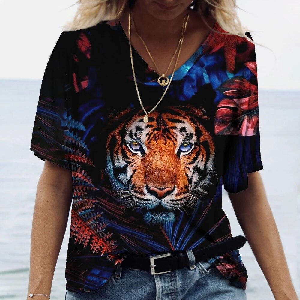 Summer V-neck 3D Animal Pattern Printed Top Fashionable Casual Short Sleeved Women's T-shirts