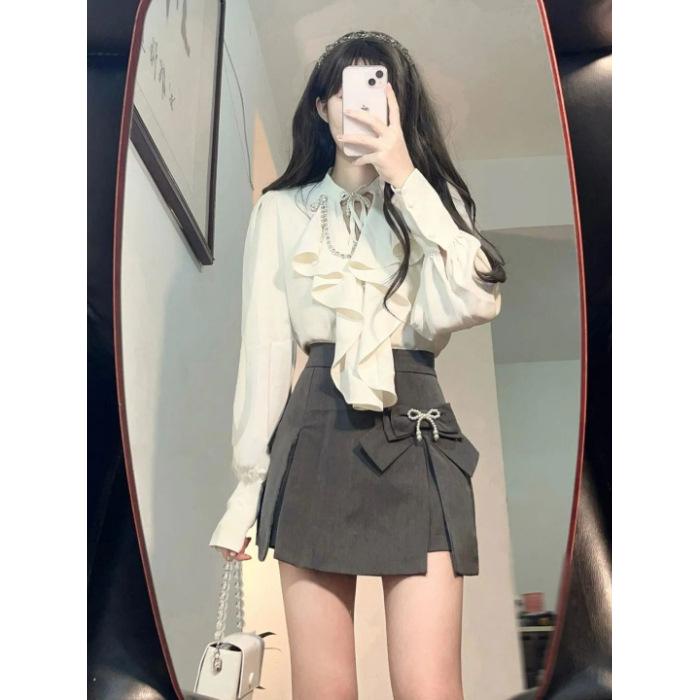 

Women s 2024 Spring/Summer Ruffle Shirt & High-Waisted Midi Skirt Set M