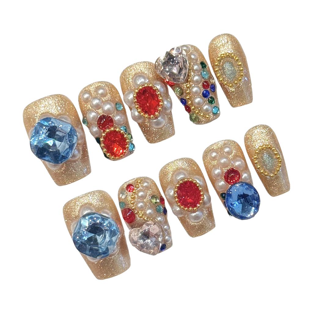 10Pcs Champagne Gold Cat-Eye Rhinestone Pearl Press On Nails Manicure Kit With Luxury Decor