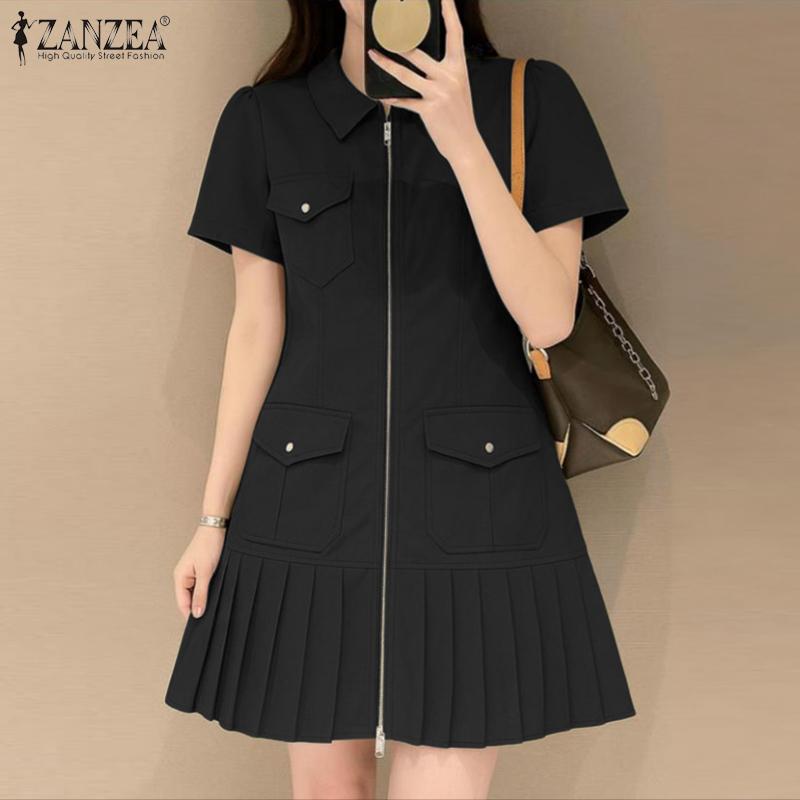 ZANZEA Women Zipper Casual Turn Down Collar Summer Short Sleeve Dress