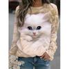 New cute cat 3D printed women's fashionable round neck long sleeved T-shirt