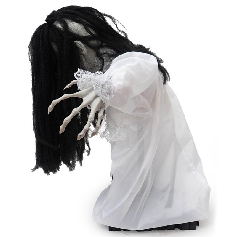 Sound Activated Halloween Hanging Figure with Red Light Up Face Detail, Animated Girl Party Decoration for Hallway, Corner, and Holiday Display