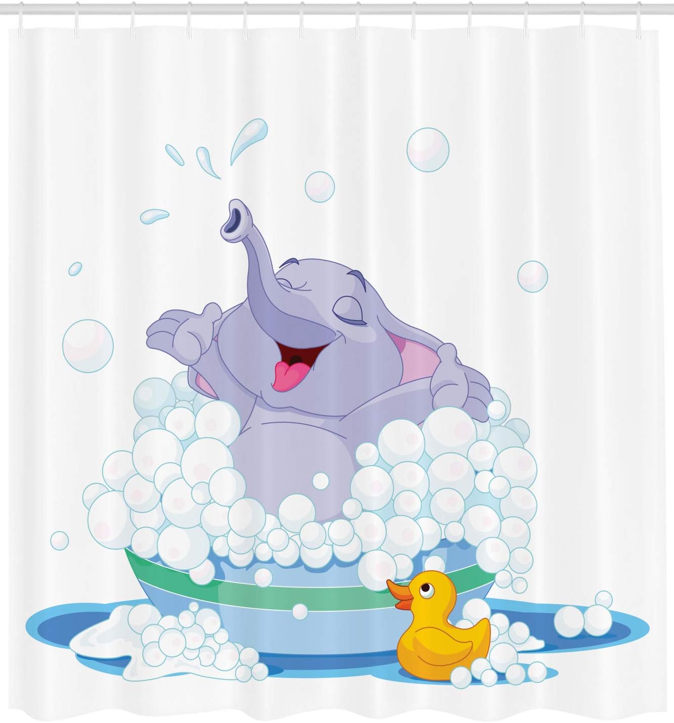 

Cartoon Elephant Shower Curtain With Hooks – Bubble Bath, Duck & Water Fun, Wild Animal Kids Theme, Multicolor Decor W60H190(CM)-1 Pcs