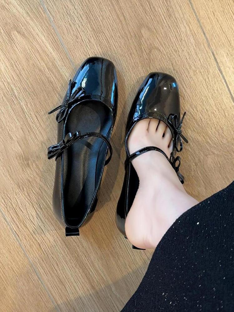 Sheepskin version~ genuine leather French retro flat-bottomed bow light mouth single shoes women's new silver Mary Jane evening shoes