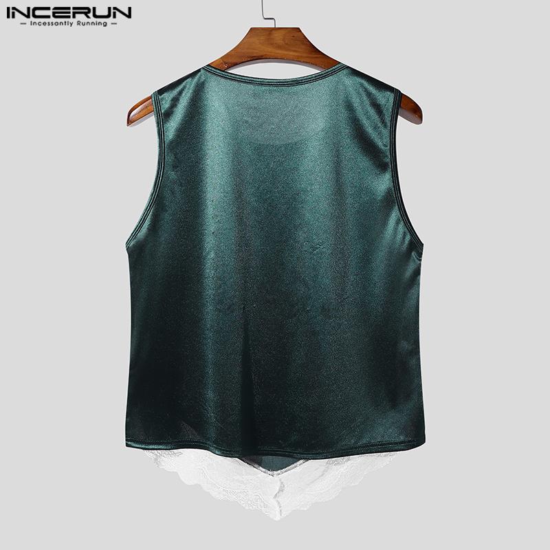 INCERUN Men O Neck Sleeveless Letter Print Lace Patchwork Cropped Irregular Tank Tops