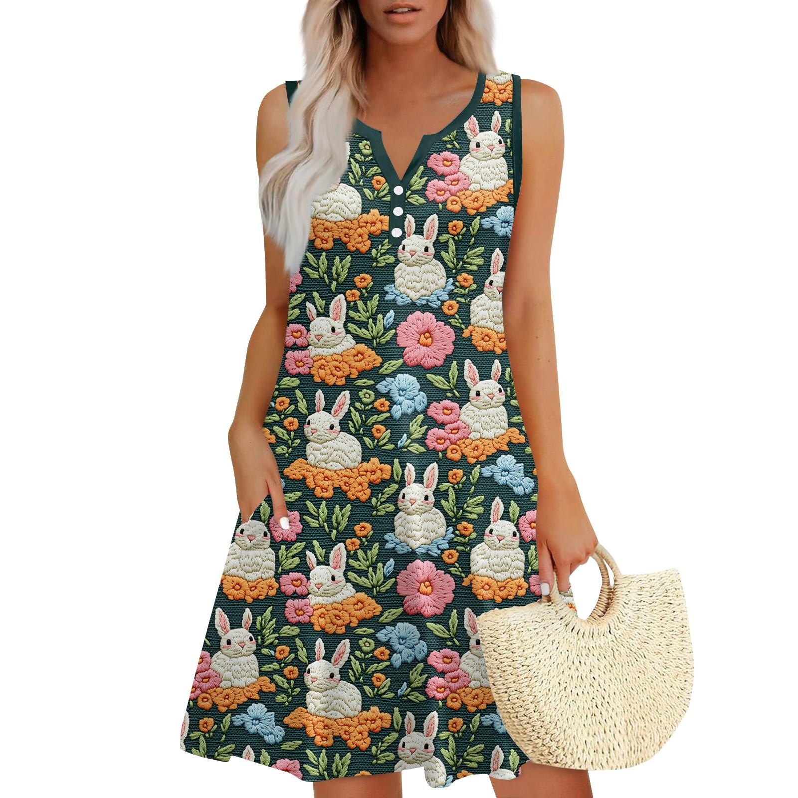 Women s Casual Easter Print V-Neck Button Side Pocket Vest Dress L