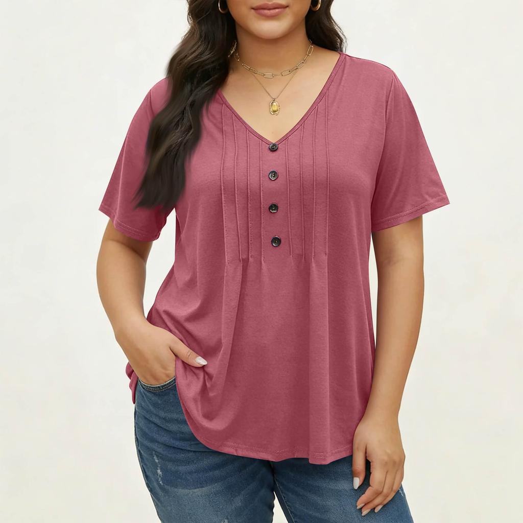 Women's Plus Size Fashionable Casual Loose-Fit V-Neck Button-Down Short-Sleeve Top