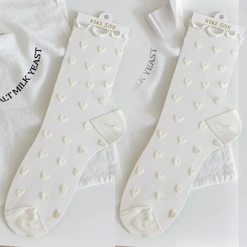 Lolita Invisible Socks Women Girls Summer Silk Lace Socks Crystal Silk Love Heart Ankle Socks Black White Transparent JK Sock