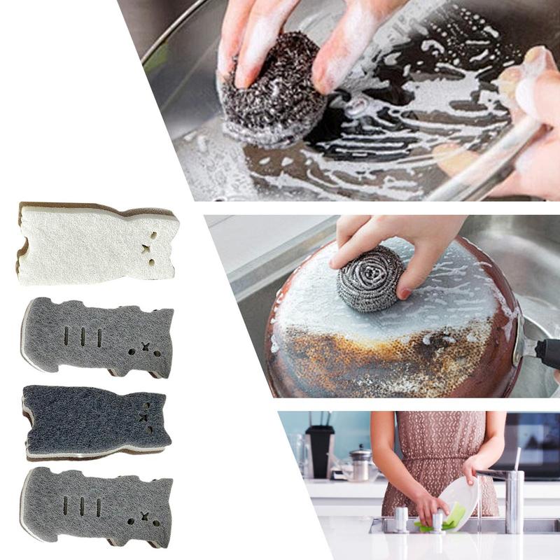 Cat Scrub Sponges 4x Cute Scrub Sponges For Pots Multifunctional Household Dishwashing Tools Reusable Dishwashing Cloth Scrubber