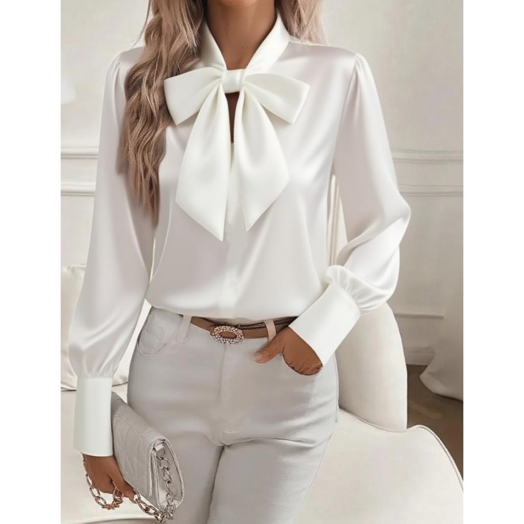 Standing Collar Bow Long Sleeved Women's Satin Shirt, Elegant and Slim Fit, Suitable for Commuting To Work