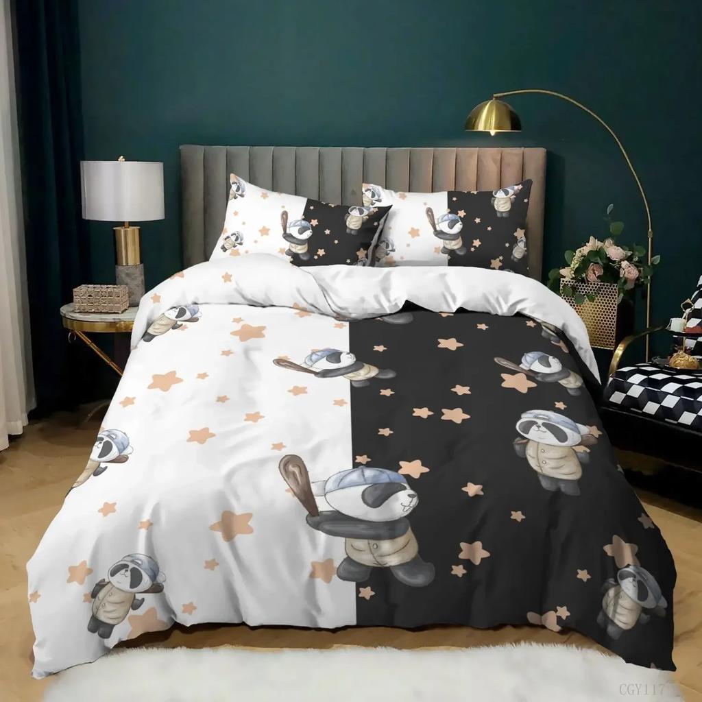 Panda Sengetøj Tegneserie Panda Printet Sengetøjssæt Til Børn Drenge Piger Mikrofiber Sødt Dyre Dynebetræk 2/3 Dele Fuld Størrelse