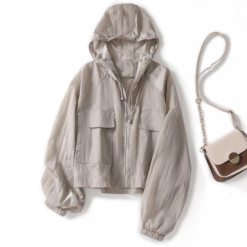 Women's Hooded Long Sleeve Jacket Loose Fit Cropped Sun Protection Coat Solid Color Lightweight Windbreaker 2026 Spring Casual Top