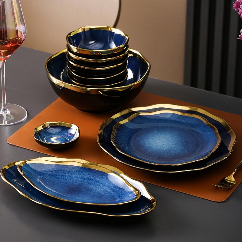 Creative Irregular Ceramic Plate Bowl Nordic Blue Glaze Irregular Golden Edge Steak Plate Main Dish Plate Household Tableware
