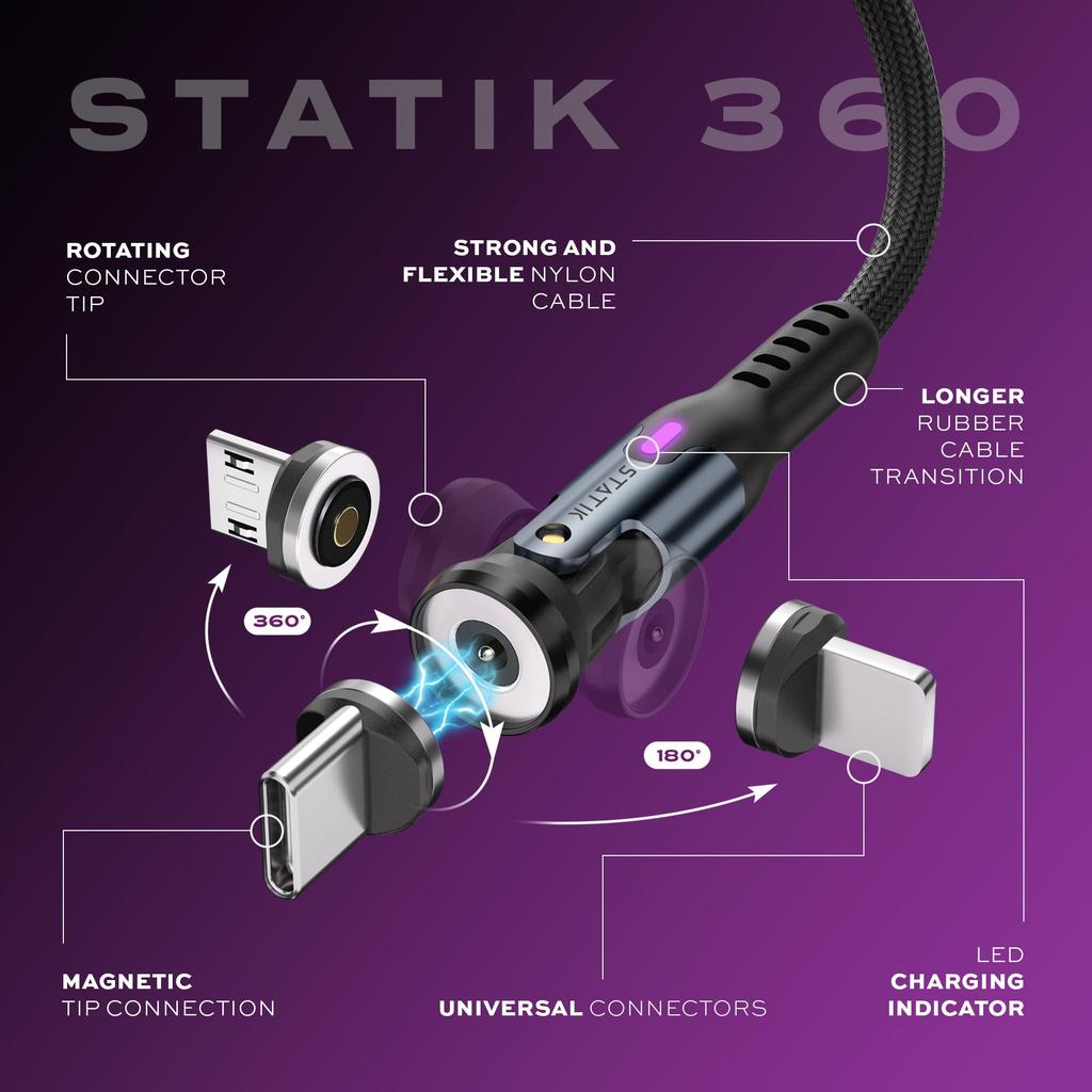 STATIK 360 Magnetic Charging Cable Type C Charger 3 In 1 USB C To USB C Micro USB iProduct Tip USB iProduct Tip USB A Phone Charging Cord Compatible