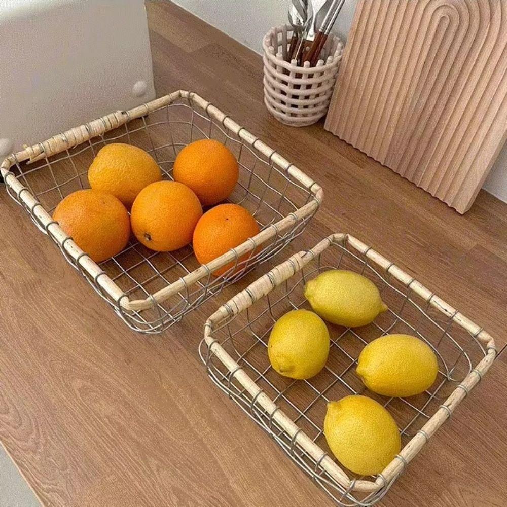 Chic Design Woven Iron Storage Basket Square Metal Construction Organizer Basket Casual Chic Art Design Food Basket Kitchen Use