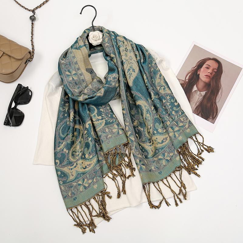 

70*190cm Winter Warm Thick Ethnic Style Jacquard Scarf Outdoor Women Travel Foulard Cashmere Tassel Shawl Wrap Pashmina Floral 70x190cm