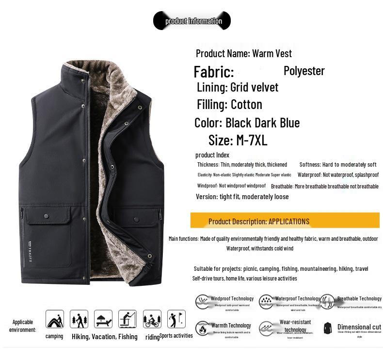 Men's Thickened Fleece-Lined Workwear Vest with Multi-Pockets for Autumn/Winter