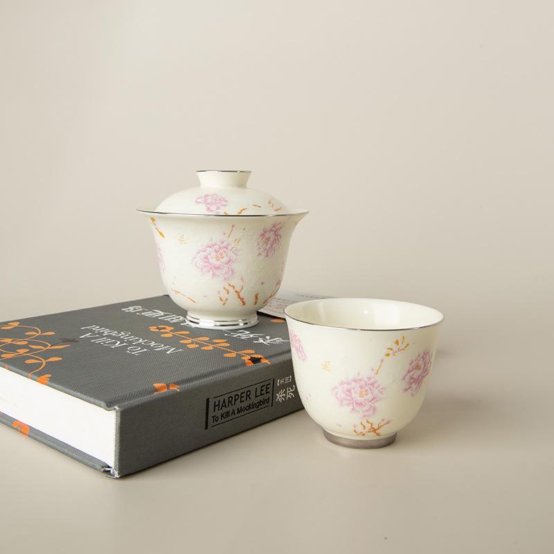 Apricot Yellow Butterfly & Floral Gaiwan Tea Cup with Silver Edge - High-grade Ceramic for Women's Tea Brewing