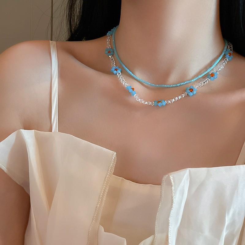 Blue pearl rice bead irregular necklace summer small fresh love collarbone chain 2025 new item necklace women