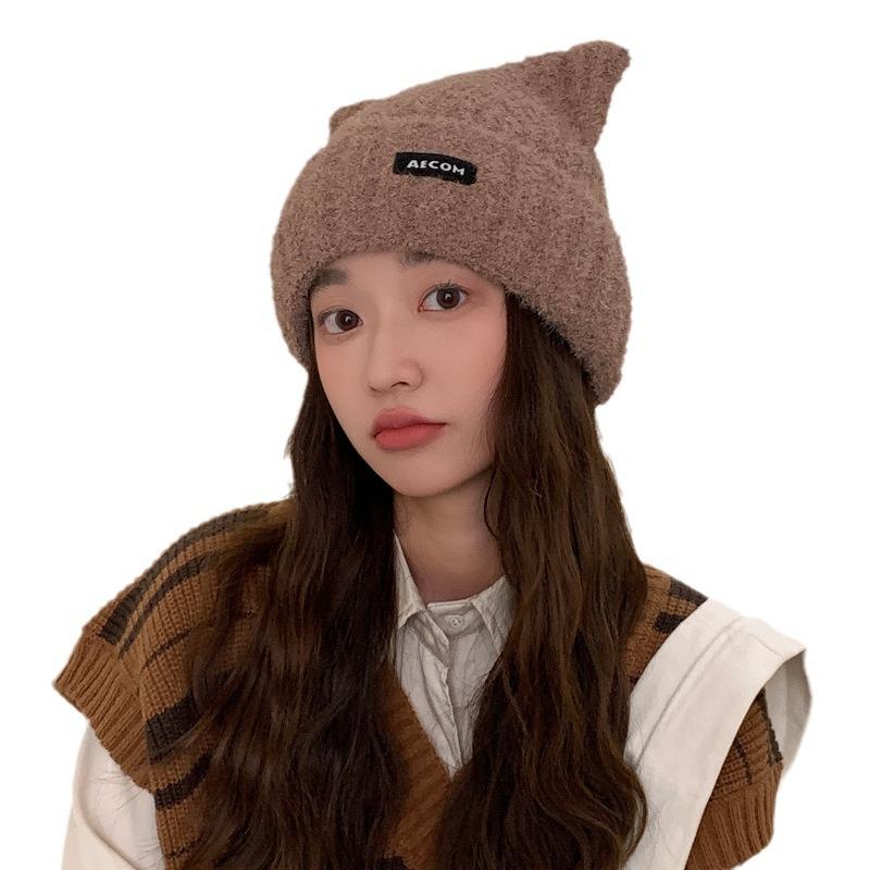 New Cute Bear Ears Wool Hat Women'S Winter Warm Knitted Hat Solid Color Versatile Cold Protection Ear Protection Pullover Hat