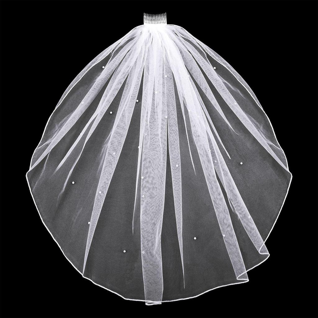 Velo da Sposa a Doppio Strato Ricamato con Perle e Strass con Pettine sul Bordo