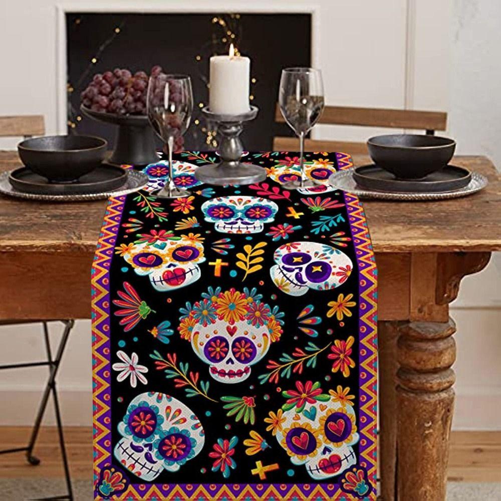 Linen Skull Table Runner Skeleton Tablecloth Banquet Tablecover Day of The Dead