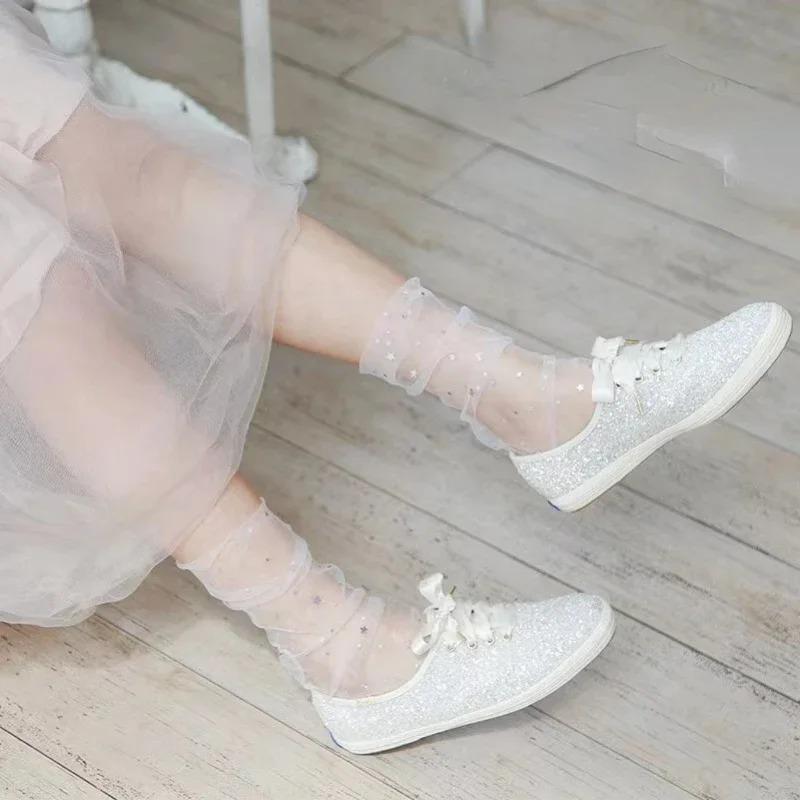 Summer Fashion Candy Color Thin Mesh Tulle Ankle Socks Transparent Elastic Mesh Shiny Stars Moon Fishnet Socks