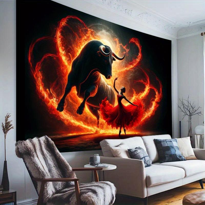 Flaming Bull and Dancer Tapestry Dramatic Art Wall Hanging Passionate Theme Home Decor Living Room Bedroom Dance Studio Backdrop