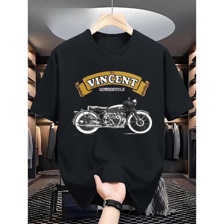 Yyc Threads Vincent Motorfiets Logo T-shirt Retro Zwarte Schaduw & Race Ontwerp, Unisex, Casual Ronde Hals, Lichte Stretch Stof, Geschikt voor Alle Seizoenen 5XL zwart