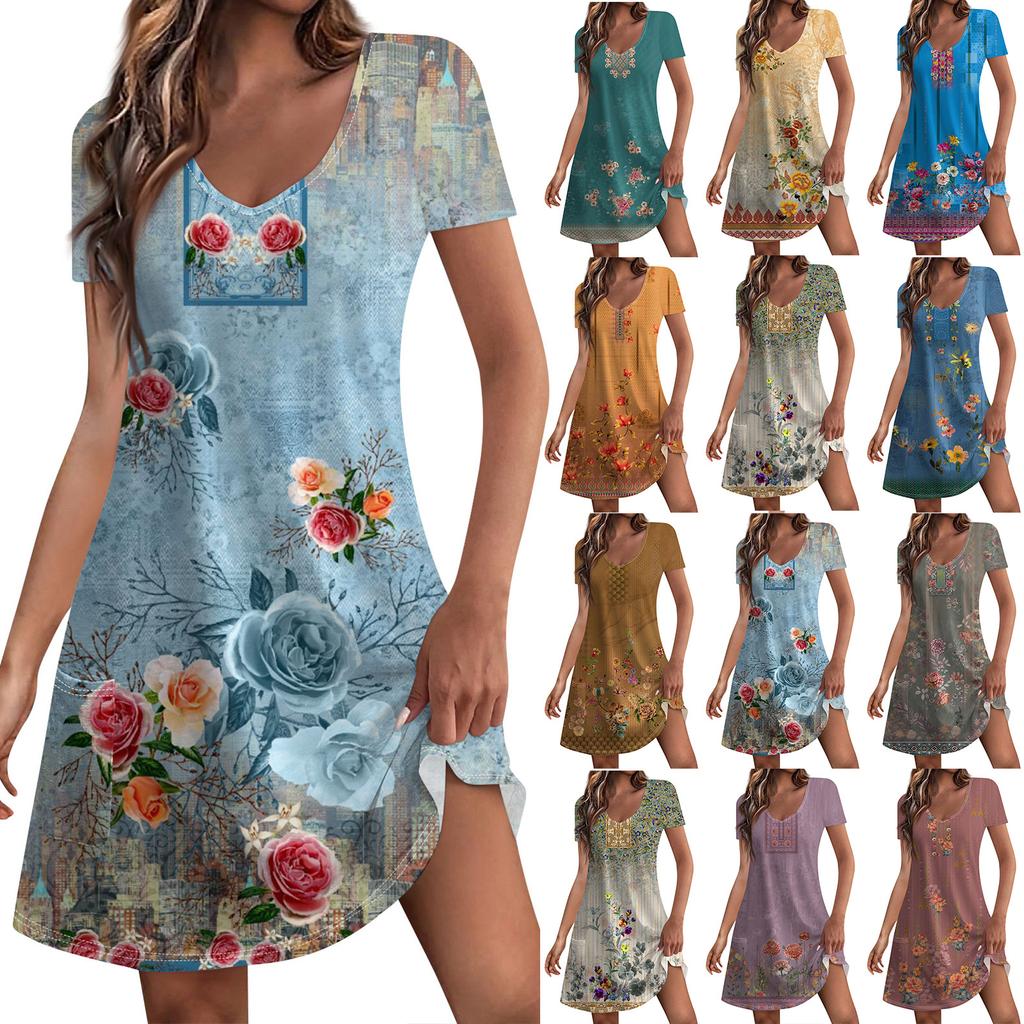 Damenmode Lässig Bedruckt Mit Taschen Böhmisches Strandkleid Mit V-Ausschnitt Kurzarm